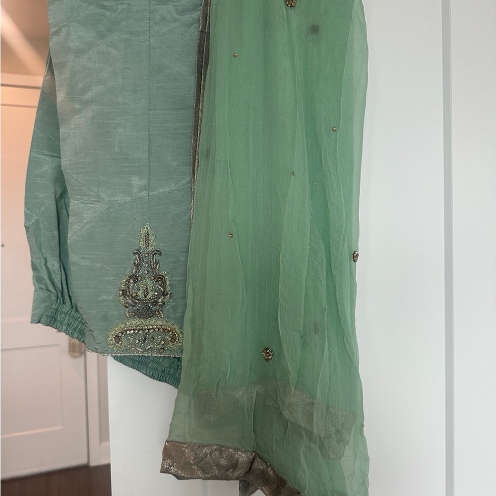 Embellished Sage Green Women's Pakistani Dress - Picture 4 of 7